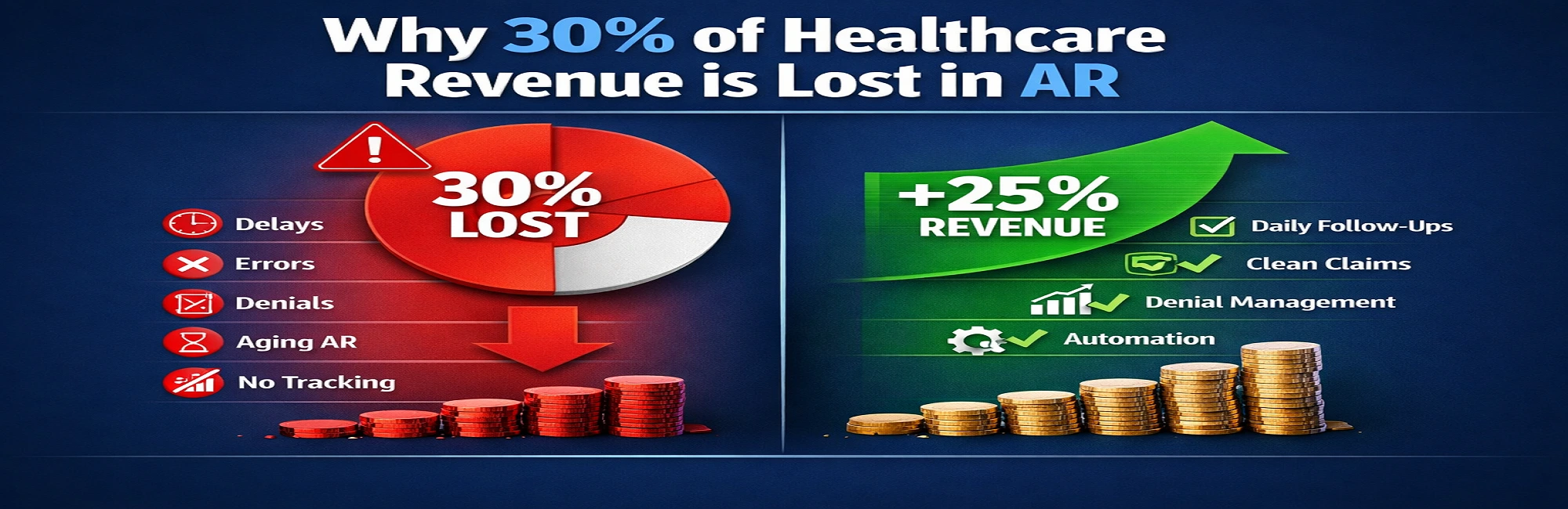 Why 30 percent of healthcare revenue is lost in accounts receivable AR showing delays errors denials aging AR and solutions to increase revenue
