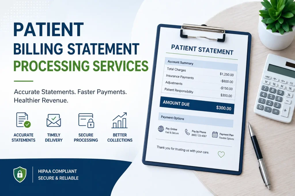 Patient billing statement processing services banner with secure healthcare billing, accurate patient statements, faster payments, and improved collections